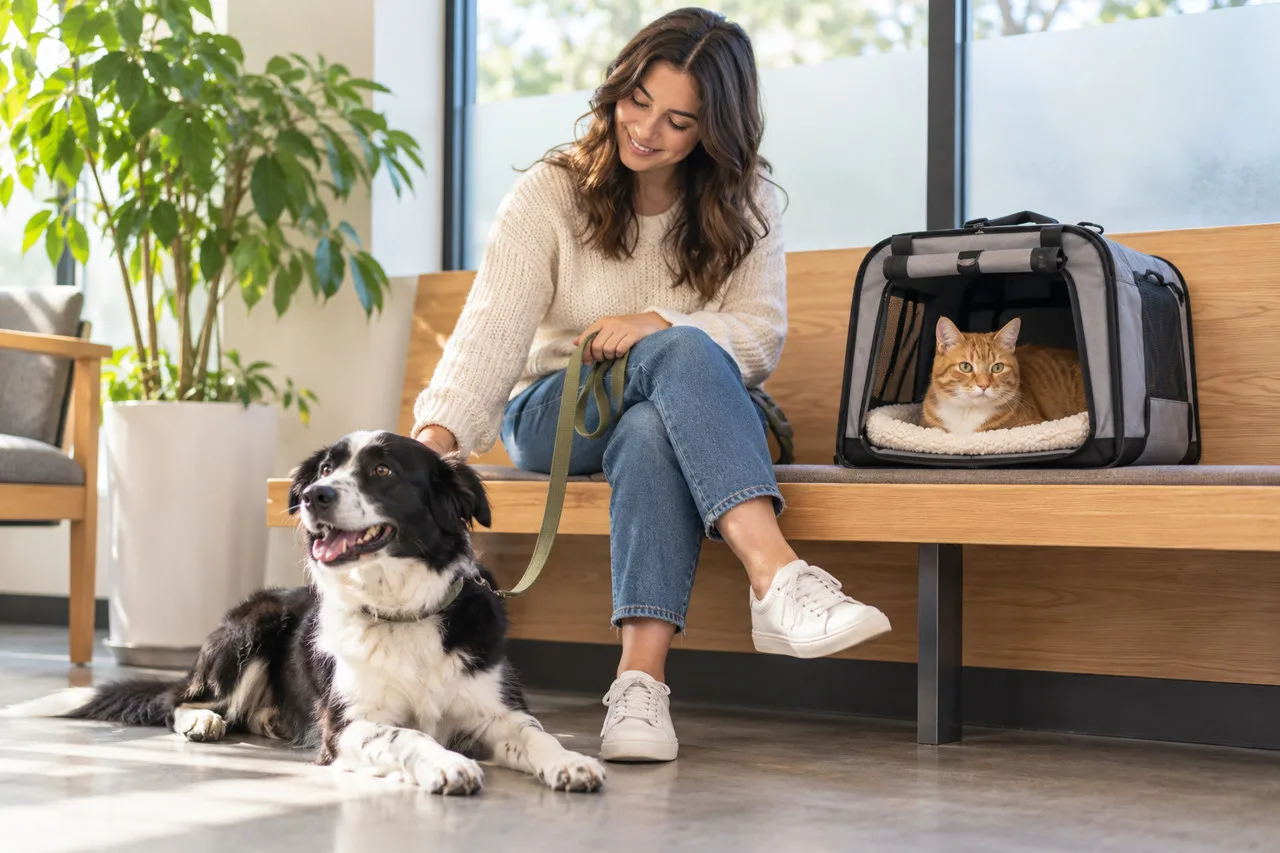 Owner in a veterinary waiting room with a black-and-white dog and a cat in a carrier